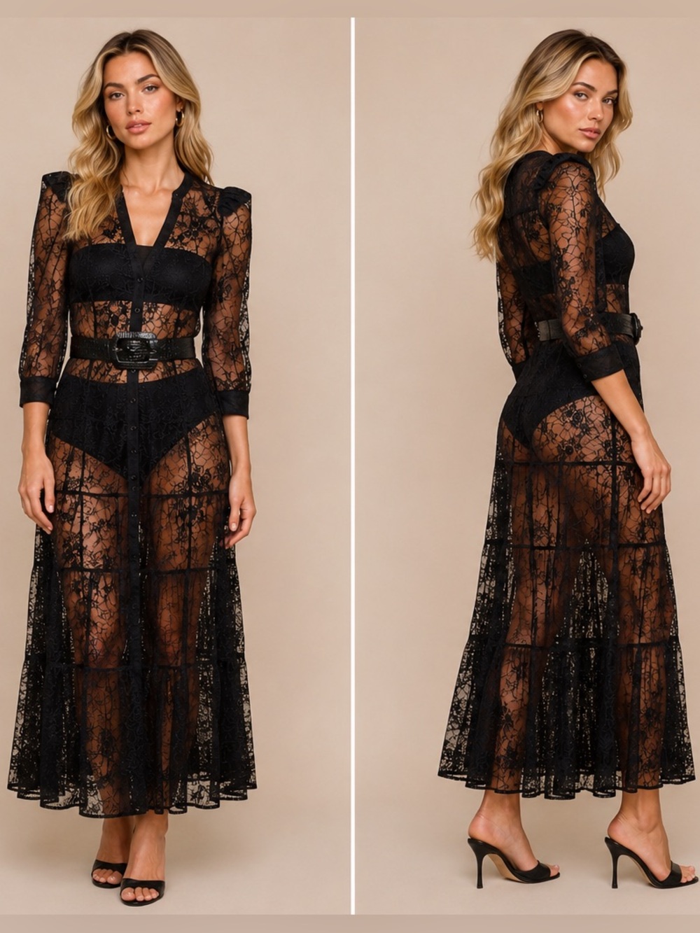 L'AGENCE Black Sheer Lace Maxi Dress